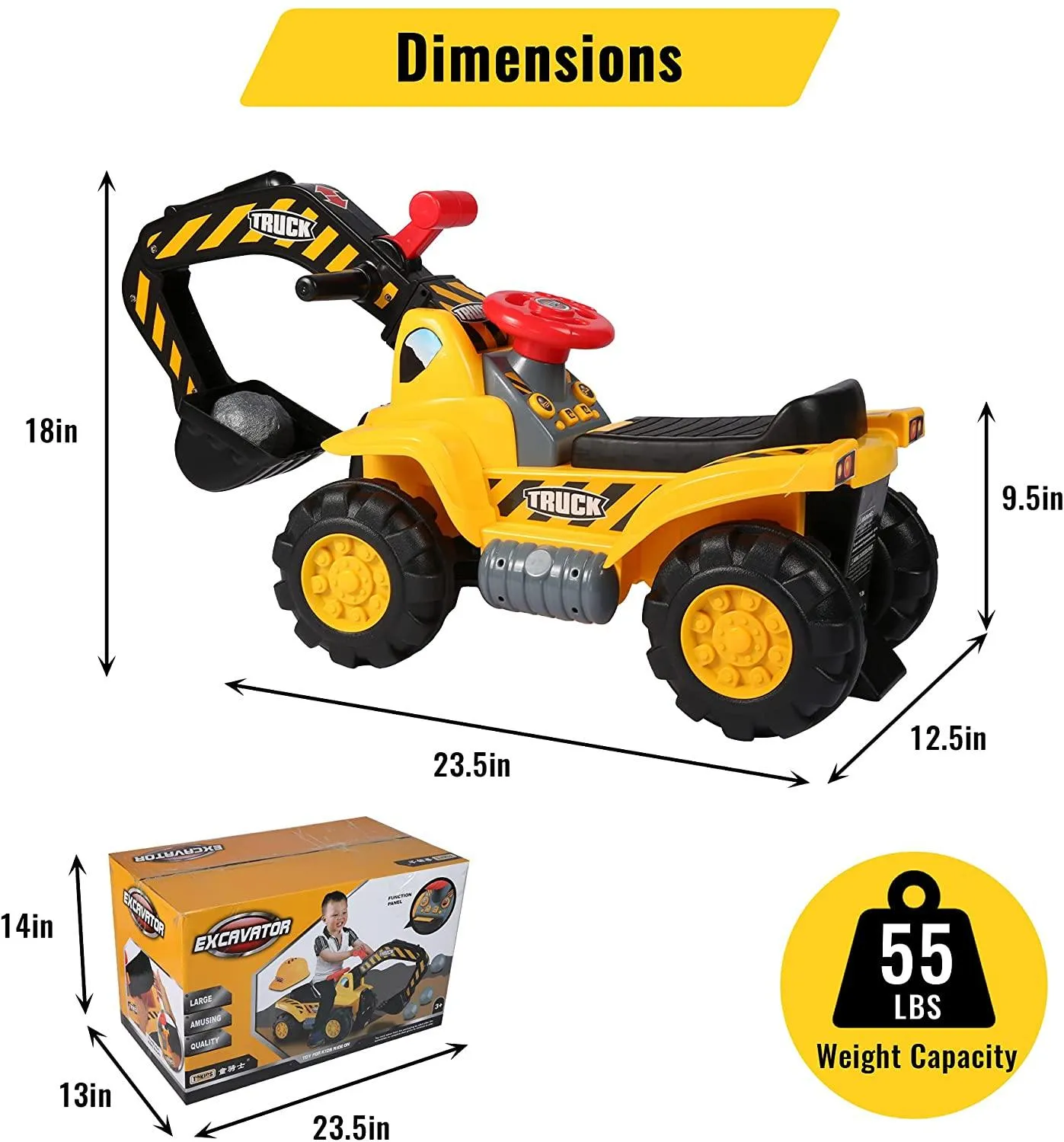 Kids Ride On Excavator Toy with Simulated Sounds Boys Pretend Play Construction Truck Digger Tractor with Steering Wheel, Helmet, Rocks