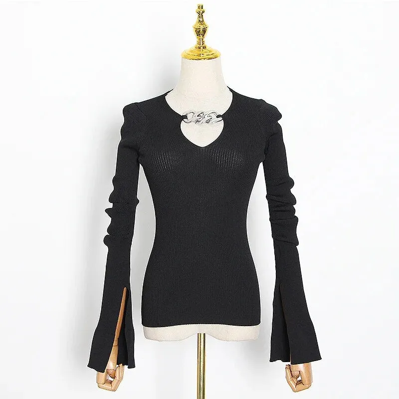 Knitting Minimalist Sweater For Women V Neck Long Sleeve Hollow Out Slim Autumn Sweater Female Fashion Clothing