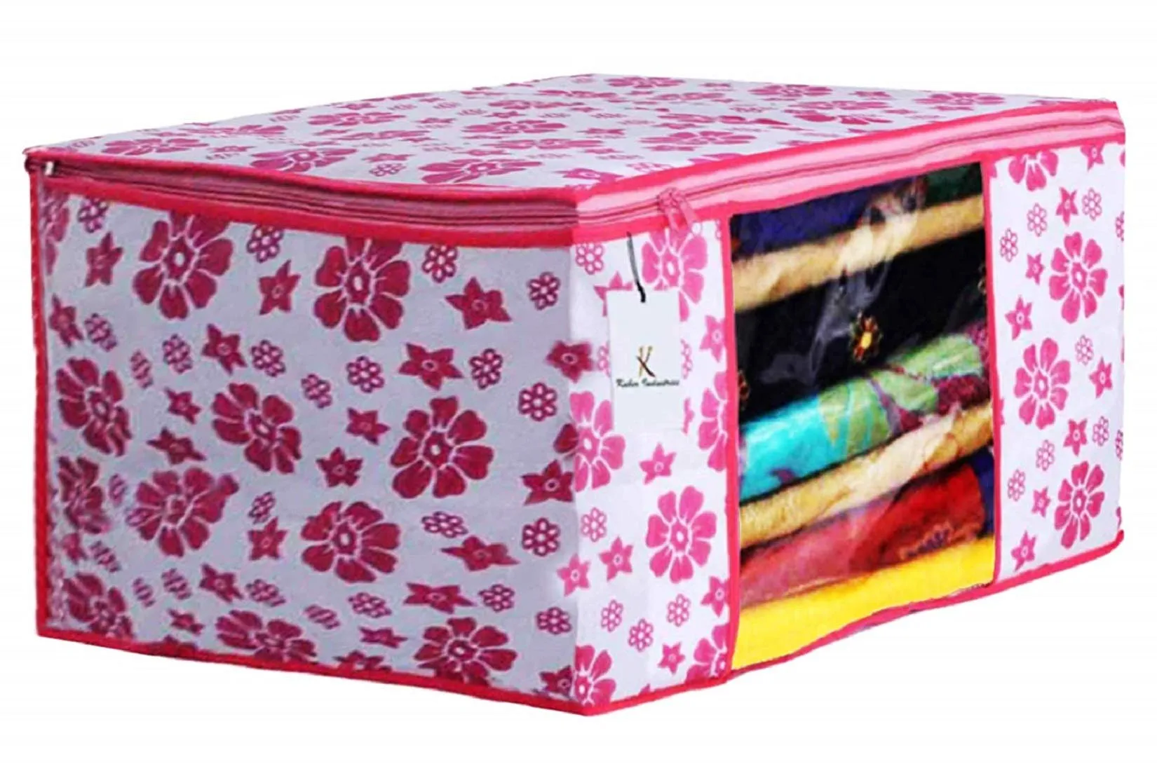 Kuber Industries Flower Printed Non Woven 6 Pieces Saree Cover and 3 Pieces Underbed Storage Bag, Cloth Organizer for Storage, Blanket Cover Combo Set (Pink) -CTKTC038615