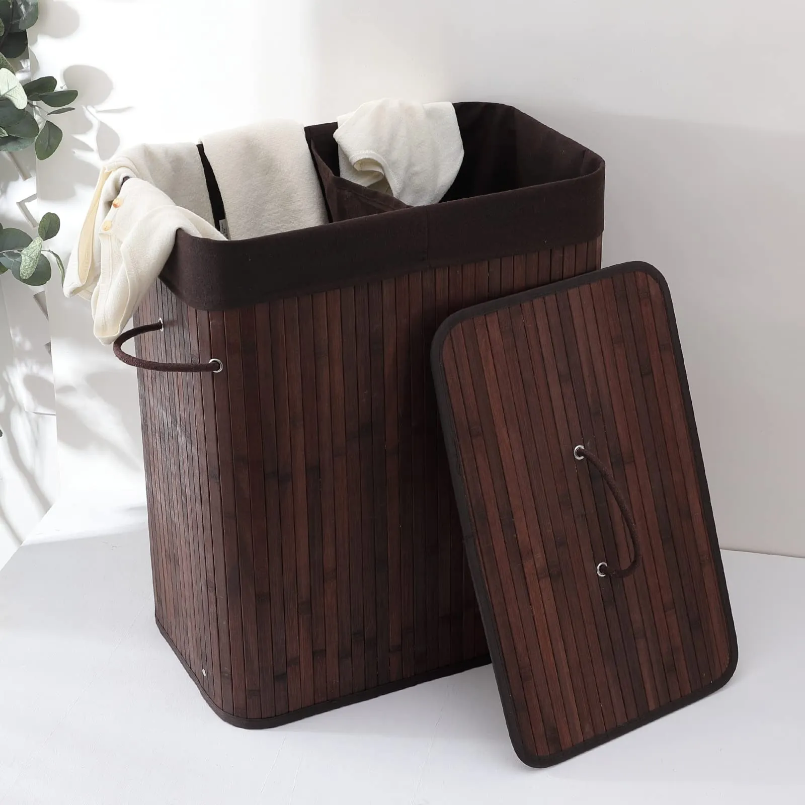 Kuber Industries Laundry Basket | Bamboo Laundry Basket With Lid | Cloth Hamper Basket for Bathroom | Laundry Basket for Toys | Storage Basket | Pack of 2 | Dark Brown