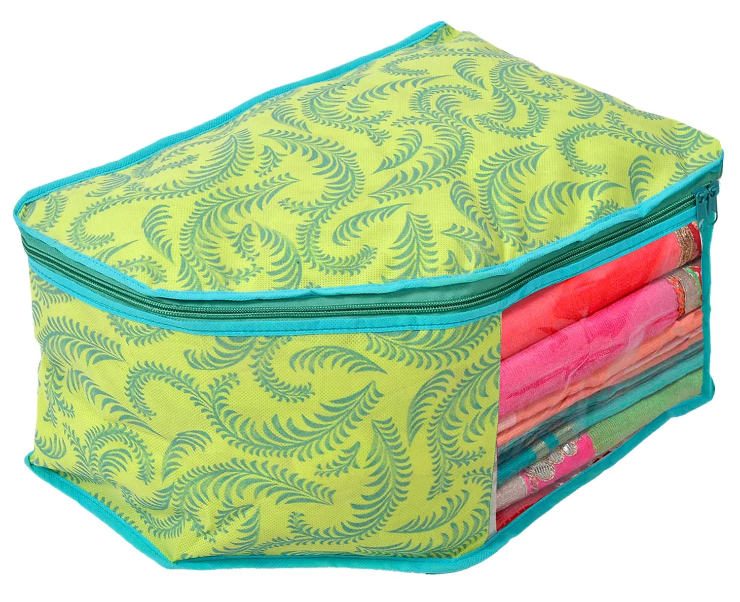 Kuber Industries Leaf Design Non-woven 4 Saree & 4 Blouse Cover/Organizer Set With Transparent Window- Pack of 8 (Green) -44KM0572