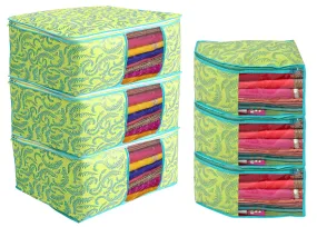 Kuber Industries Leaf Design Non-woven 4 Saree & 4 Blouse Cover/Organizer Set With Transparent Window- Pack of 8 (Green) -44KM0572