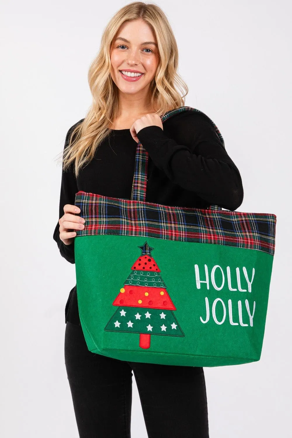 MB0264 Holly Jolly Christmas Tree Felt Tote Bag