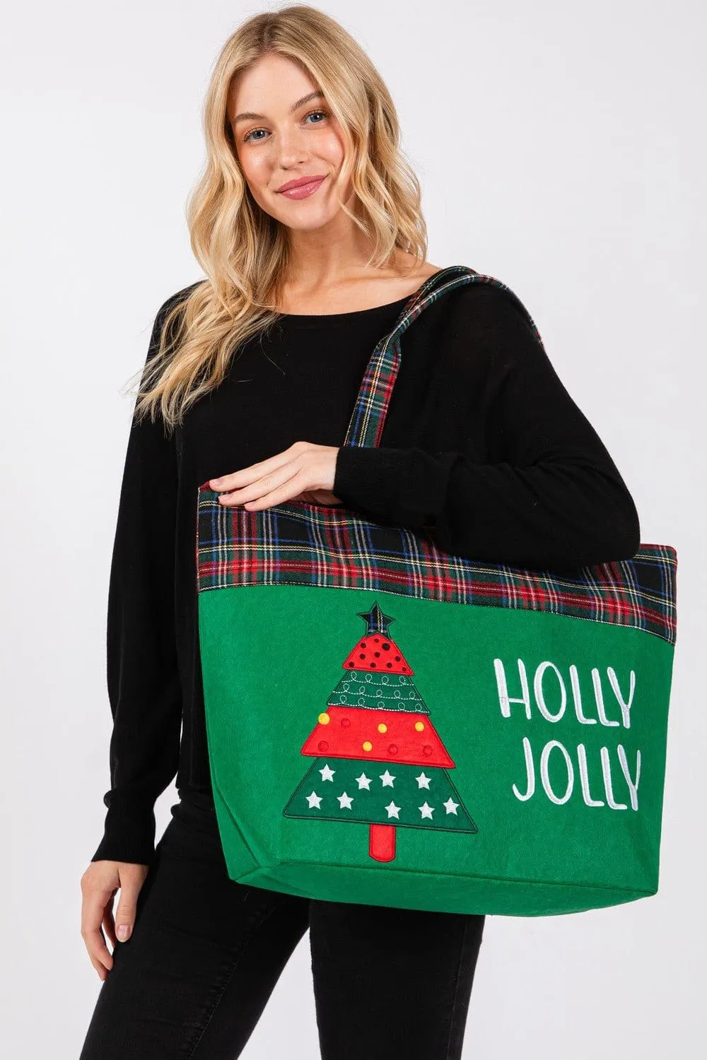 MB0264 Holly Jolly Christmas Tree Felt Tote Bag