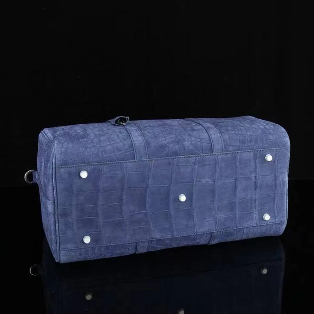 Men's Sanded Crocodile Leather Large Travel Duffle Bag Dark Blue