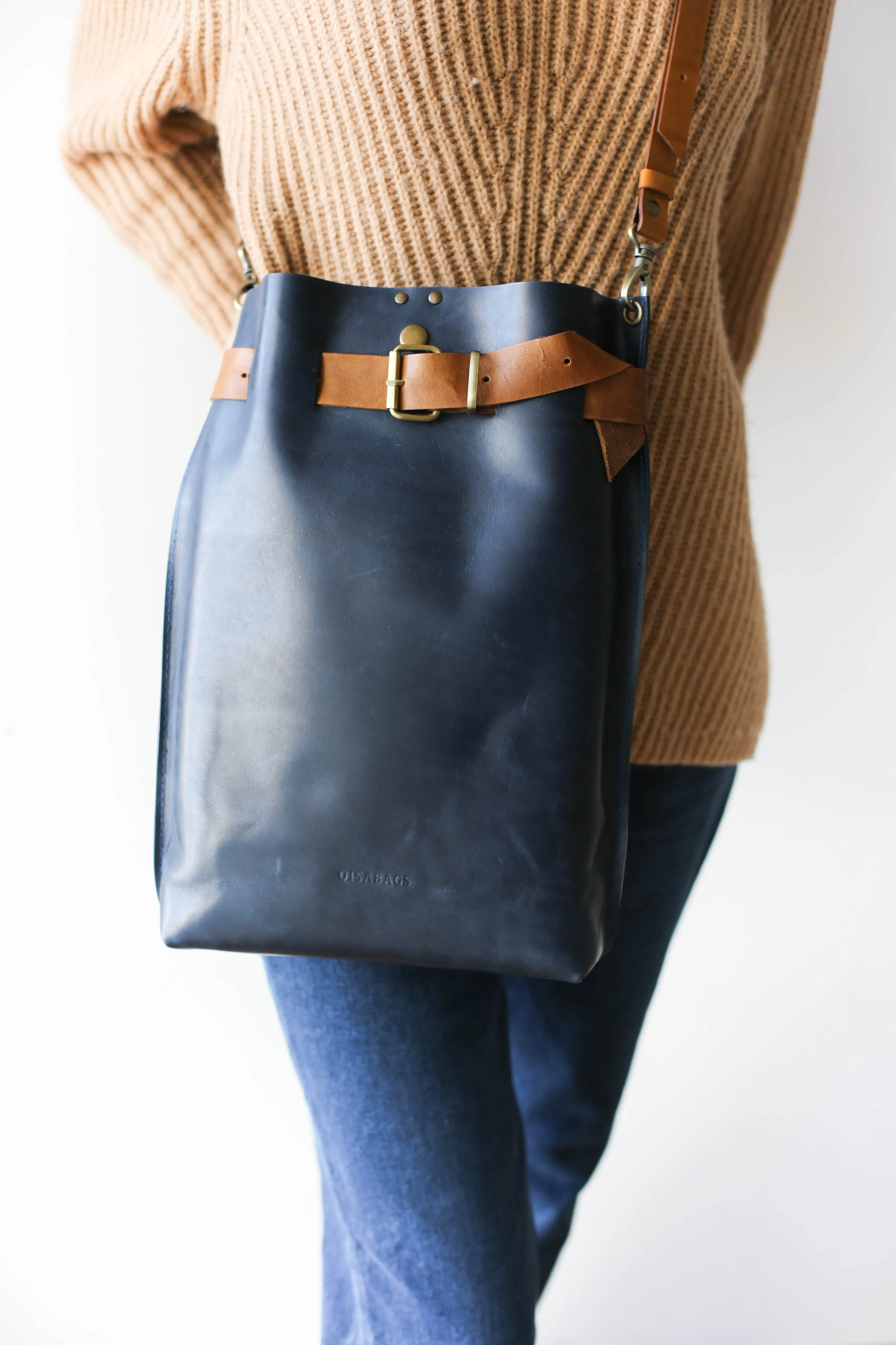 Navy Blue w/Brown Large Leather Backpack