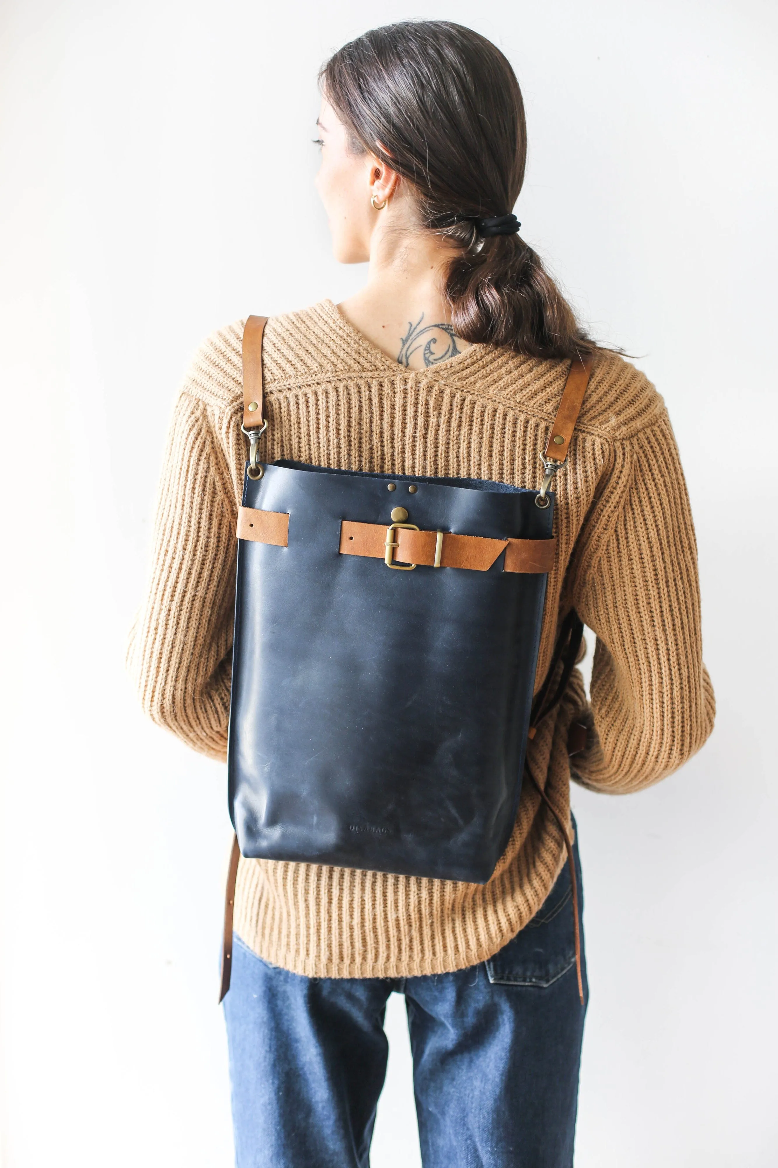 Navy Blue w/Brown Large Leather Backpack