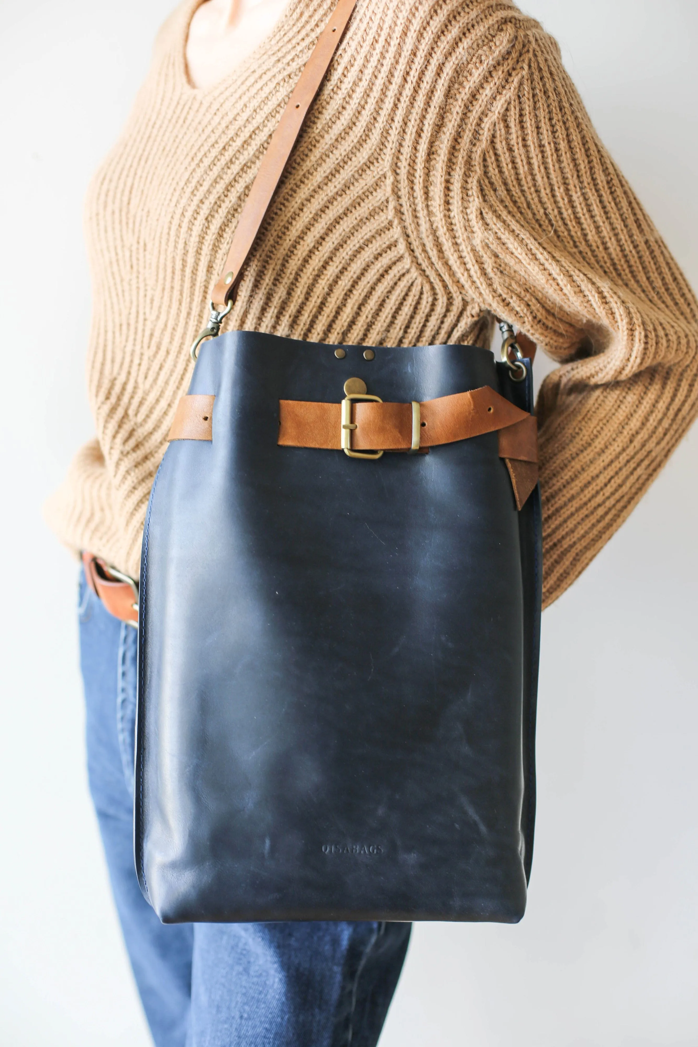 Navy Blue w/Brown Large Leather Backpack