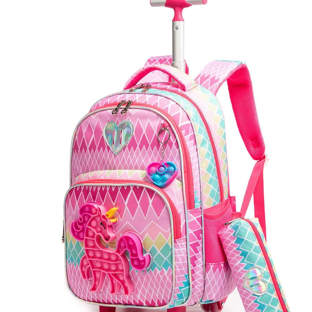 (NET) Cute Unicorn Rolling Backpack for Girls Backpacks with Wheels for Elementary Kids Set Of 3 Pcs