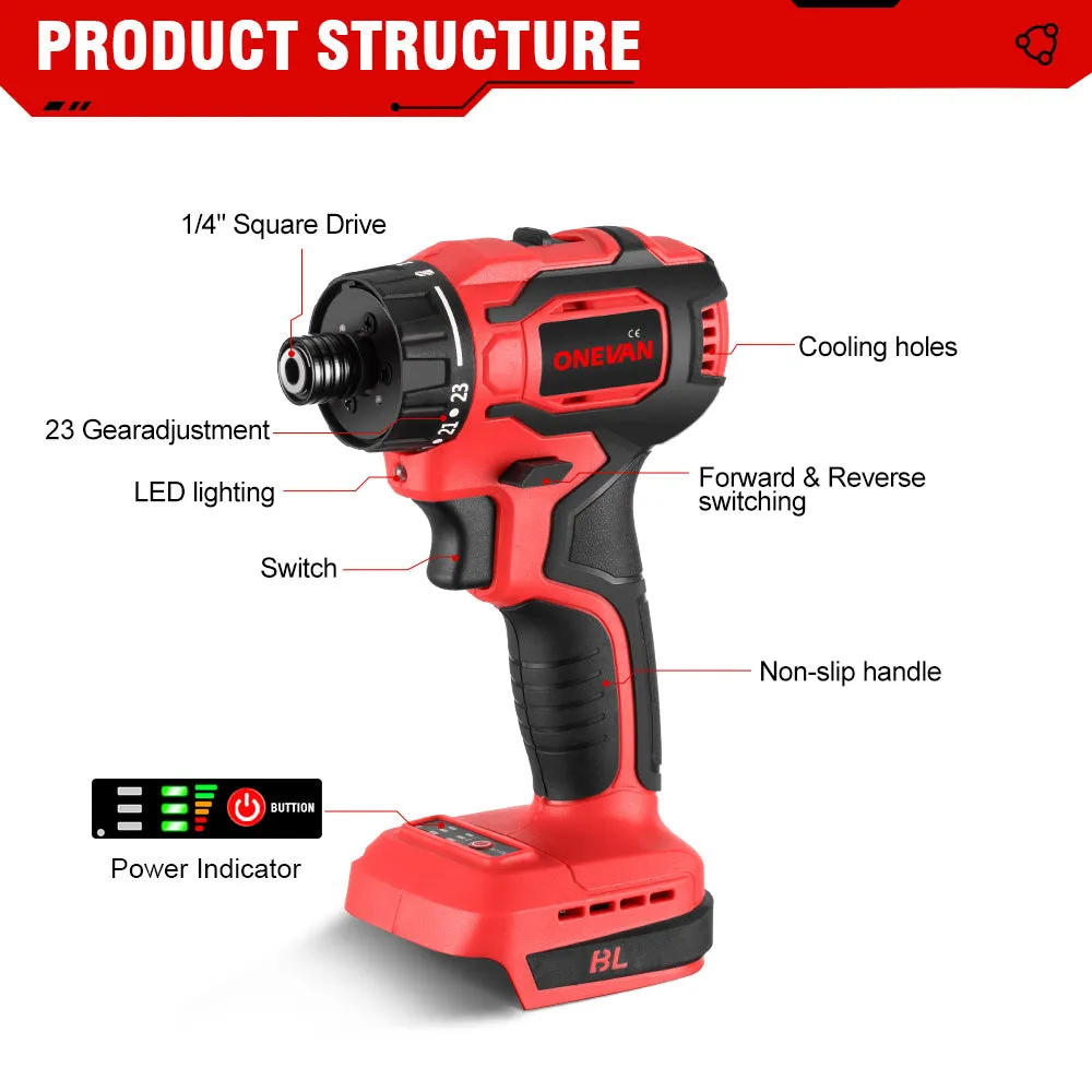 ONEVAN 1/2" Impact Wrench & 23 1 Torque Screwdriver Brushless Cordless 2‑Pc. Combo Kit 6.0Ah