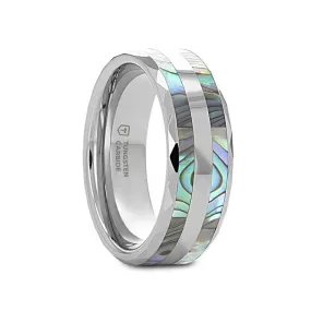 PAUA Abalone Shell Inlay Faceted Tungsten Ring With Beveled Polished Edges - 8mm