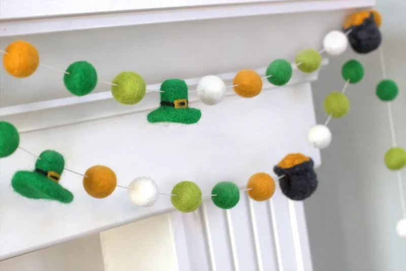 Pot of Gold & Leprechaun St. Patrick's Day Felt Ball Garland- Gold, Green