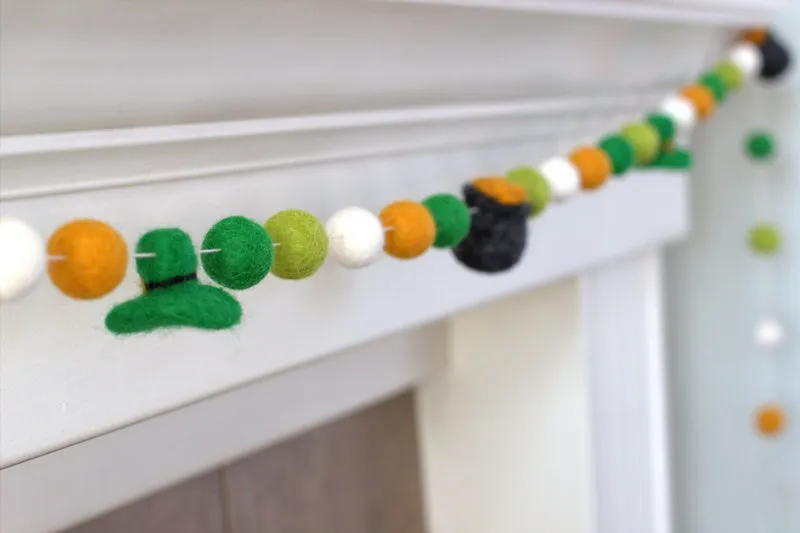 Pot of Gold & Leprechaun St. Patrick's Day Felt Ball Garland- Gold, Green