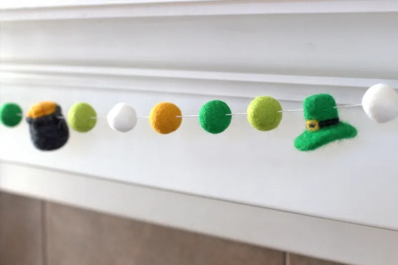 Pot of Gold & Leprechaun St. Patrick's Day Felt Ball Garland- Gold, Green