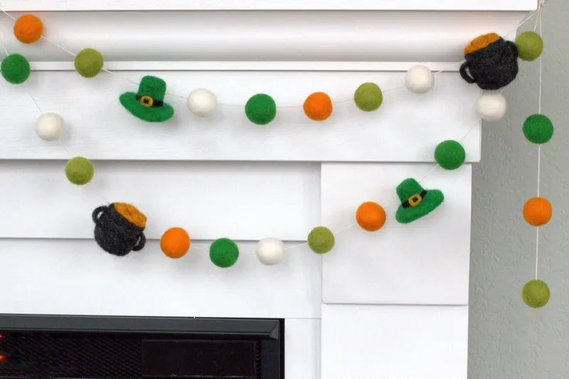 Pot of Gold & Leprechaun St. Patrick's Day Felt Ball Garland- Orange & Shades of Green