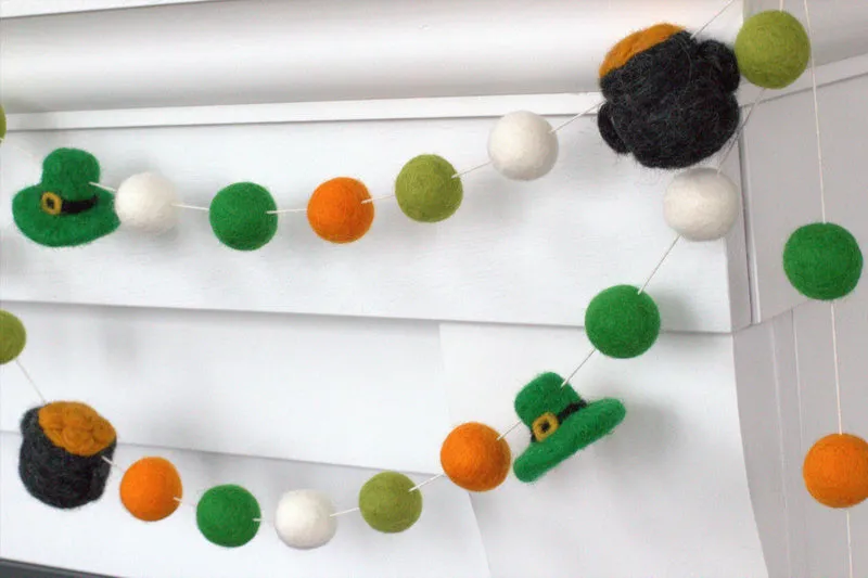 Pot of Gold & Leprechaun St. Patrick's Day Felt Ball Garland- Orange & Shades of Green