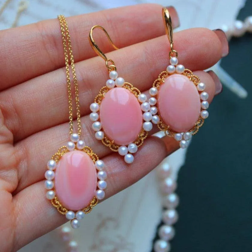 Princess Oval Pink Queen Conch Shell Pearls Earrings Gold Vermeil