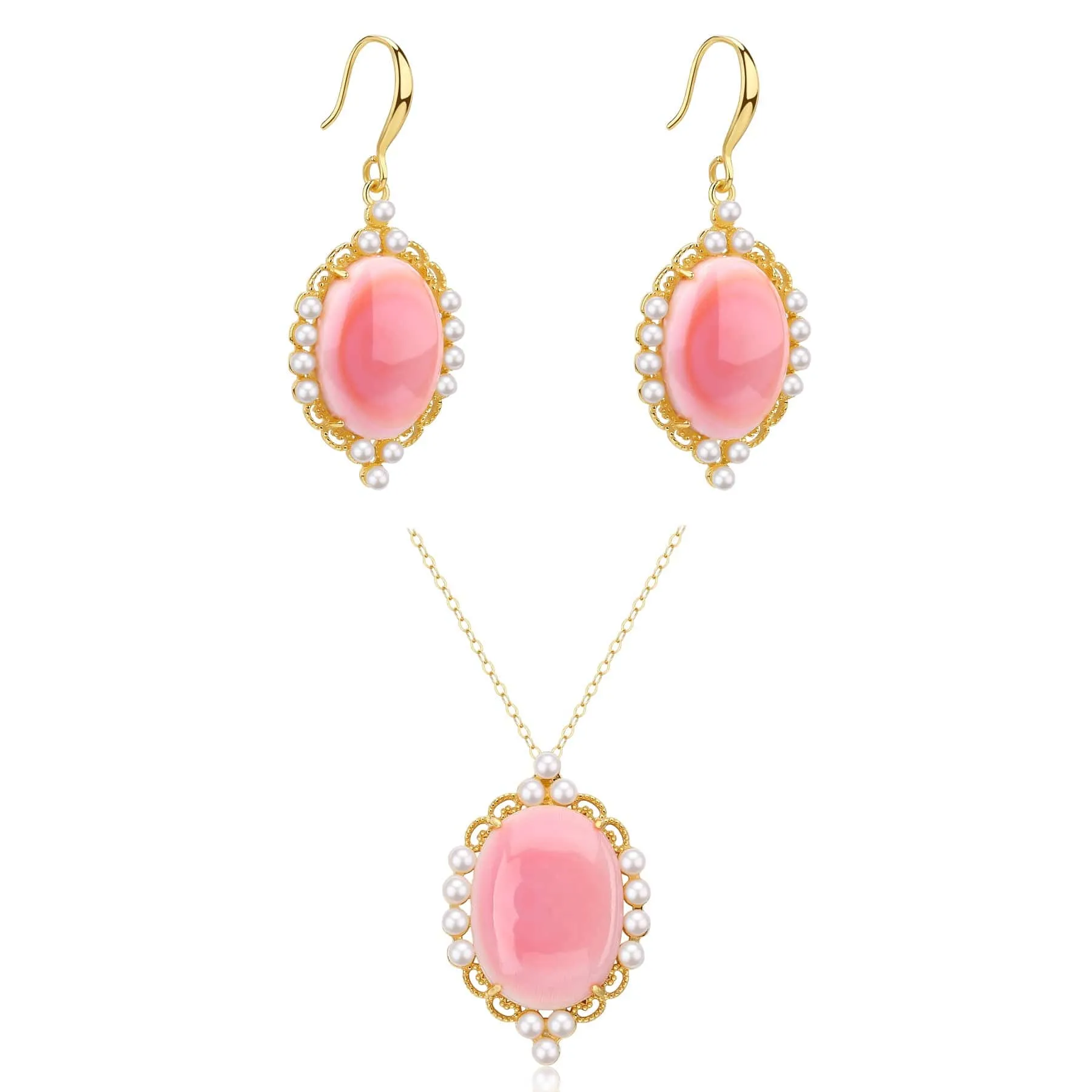 Princess Oval Pink Queen Conch Shell Pearls Earrings Gold Vermeil