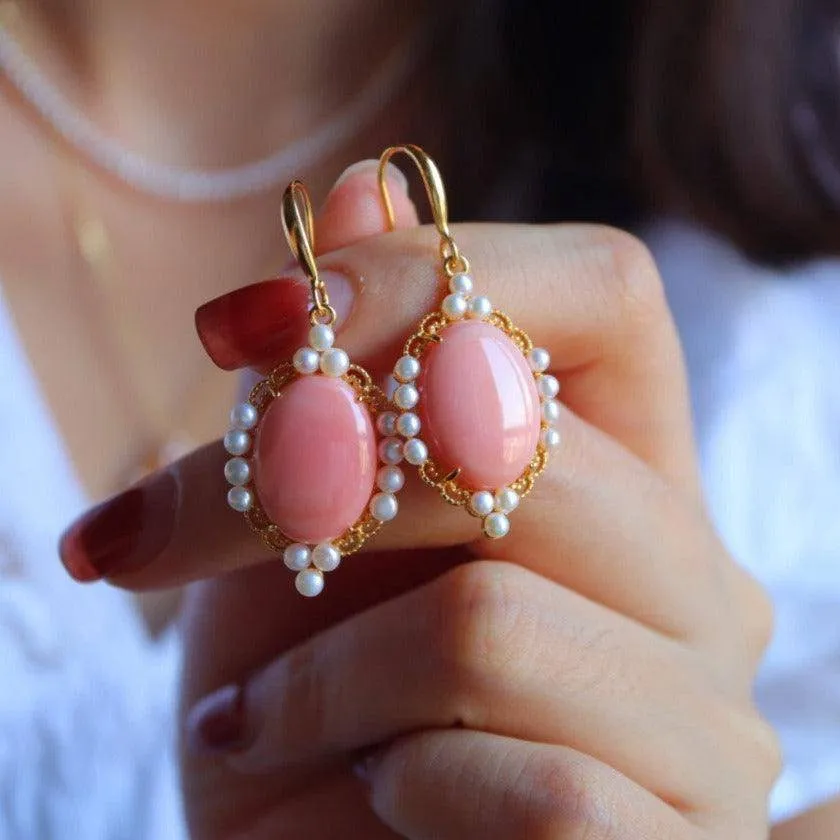 Princess Oval Pink Queen Conch Shell Pearls Earrings Gold Vermeil