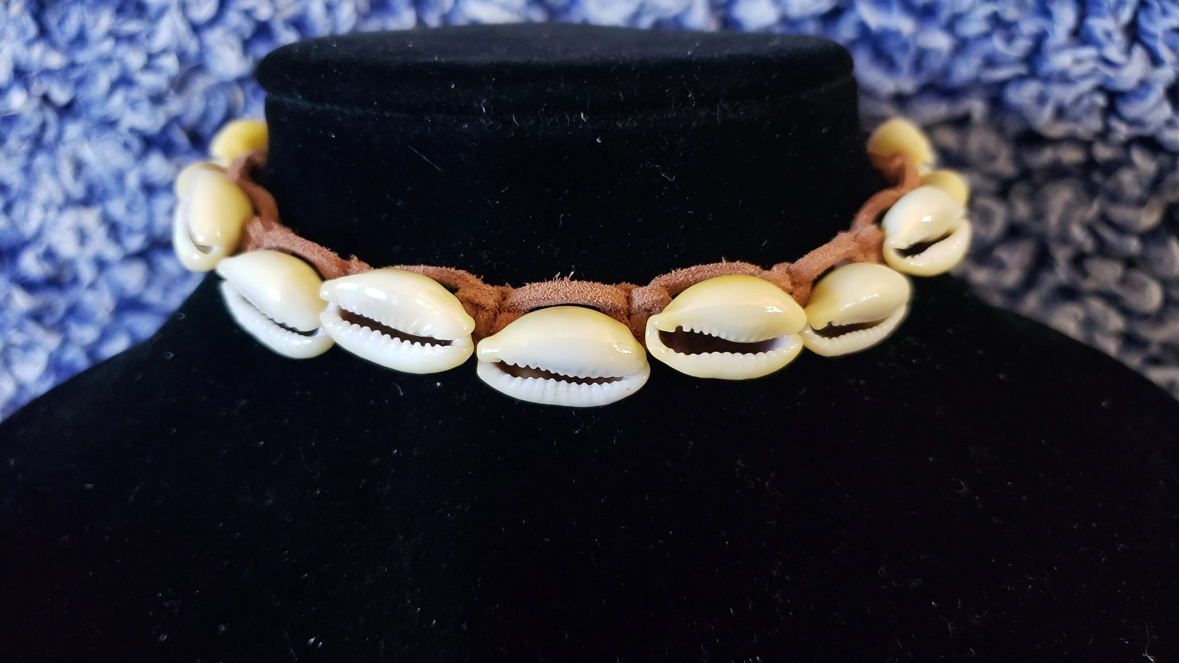 Puka Shell Choker with Brown Genuine Leather, Adjustable up to 13" with Oriental Ceramic Accent, Gold Tone Stainless Steel Chain & Spring Ring Clasp
 