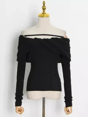 Solid Sexy Sweater For Women Slash Neck Long Sleeve Cut Out Slim Knitting Pullover Female Korean Fashion Clothing Style