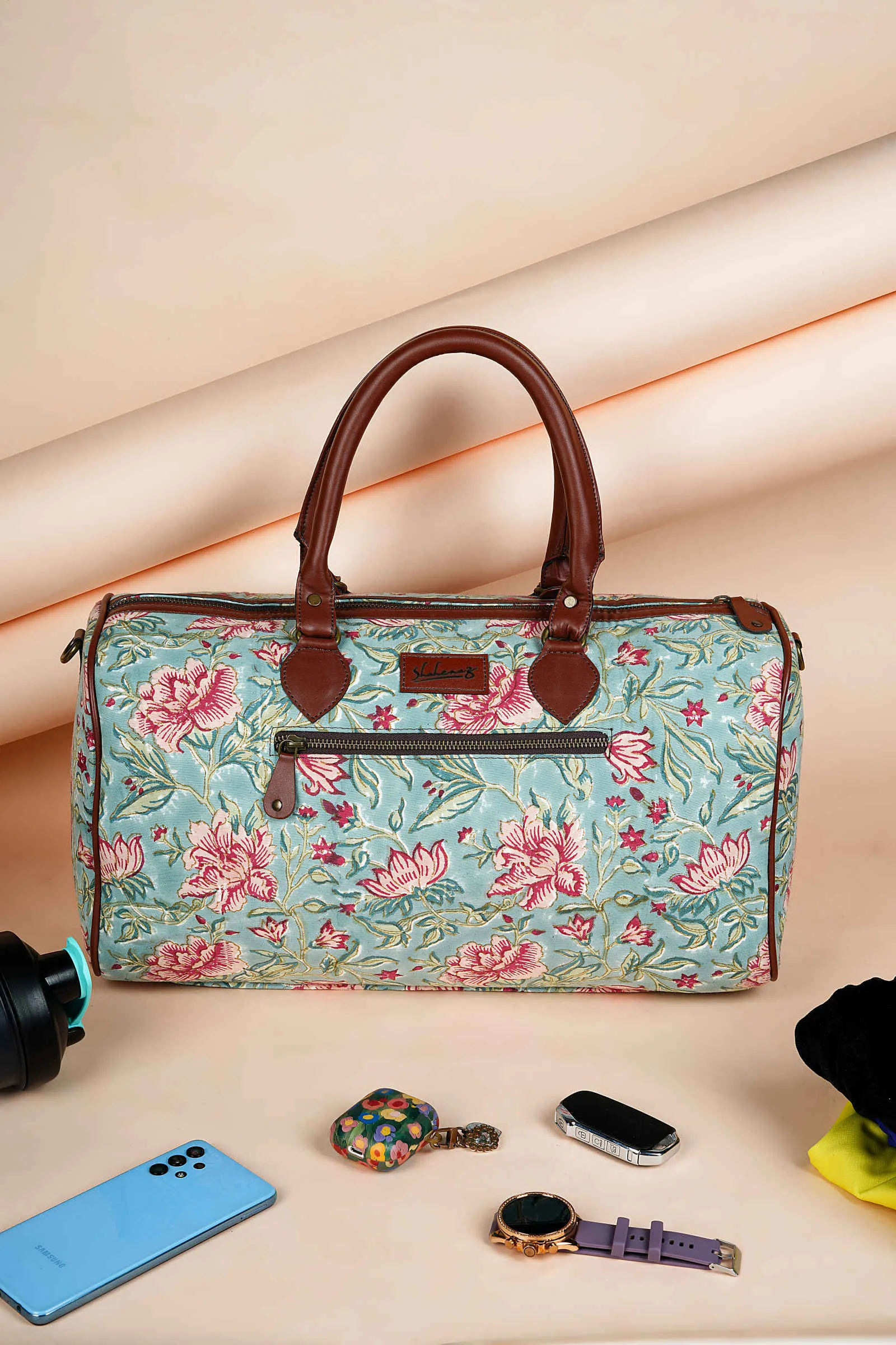 Summer Sorbet Hand Block Printed Aqua Duffle Bag