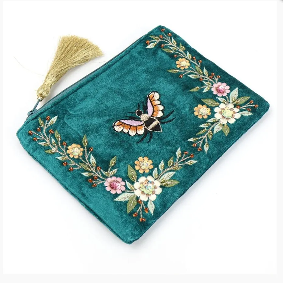 Teal Velvet Floral Bee Purse