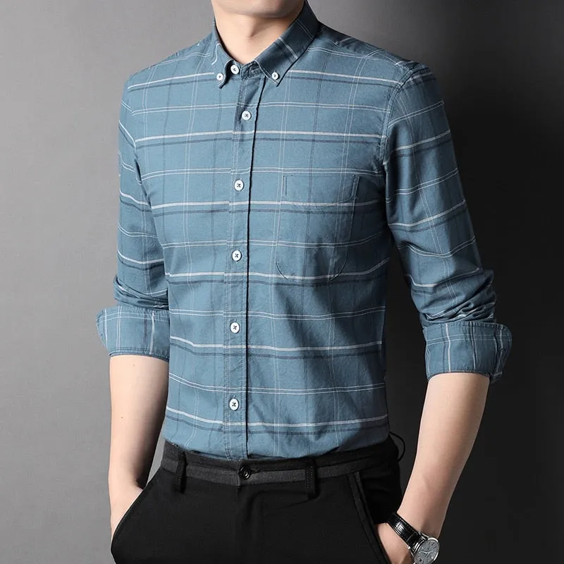 Top Grade 100% Cotton Fashion Brand Designer Button Down Shirts Slim Fit Plaid Classic Casual Long Sleeve Men Clothing