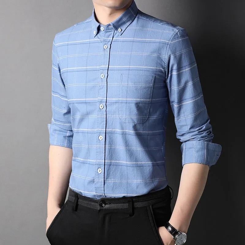 Top Grade 100% Cotton Fashion Brand Designer Button Down Shirts Slim Fit Plaid Classic Casual Long Sleeve Men Clothing