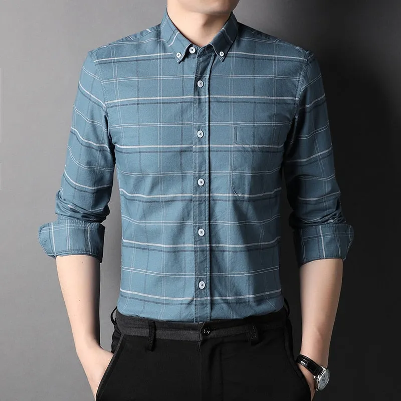 Top Grade 100% Cotton Fashion Brand Designer Button Down Shirts Slim Fit Plaid Classic Casual Long Sleeve Men Clothing