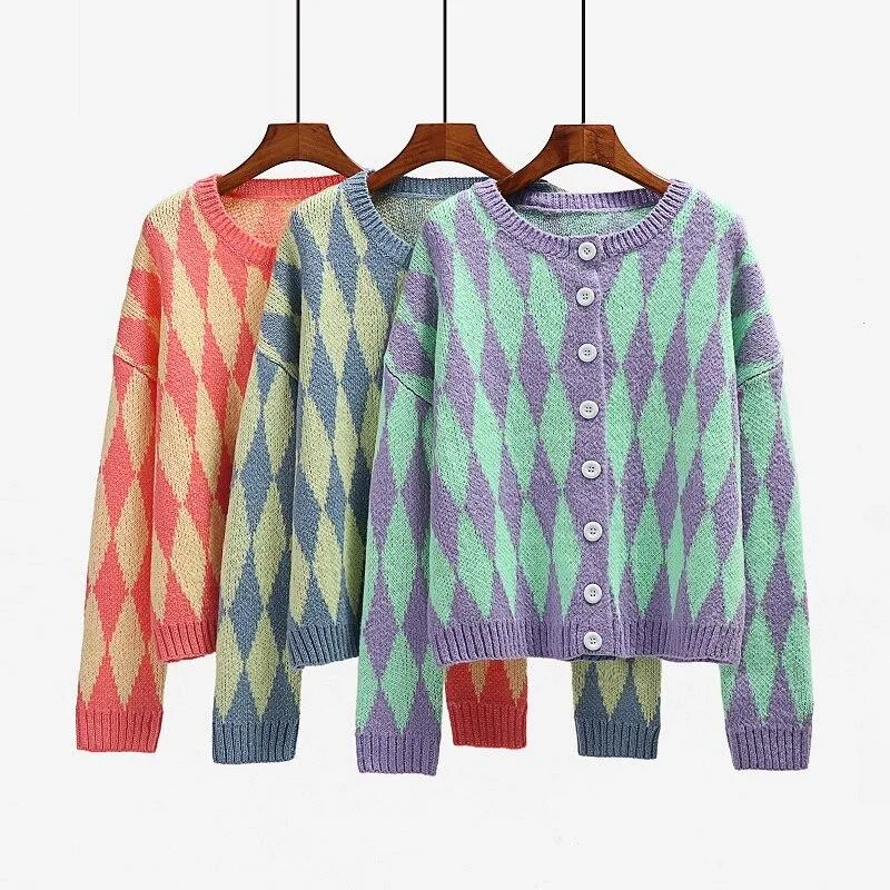 Vintage Printed O Neck Knitted Cardigan